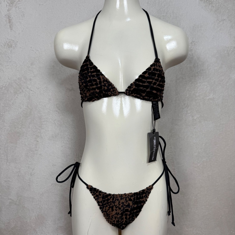 PrettyLittleThing Stone Devore Leopard Triangle Bikini Set Brown Black Size 0